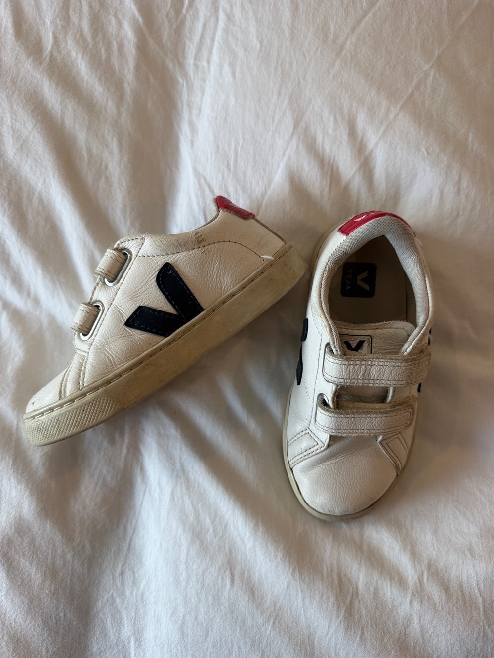 Veja Kids White Sneakers with Navy V and Red Heel Tab